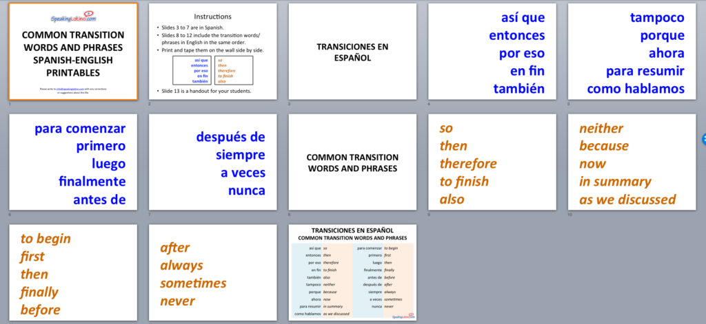 spanish presentation transition words